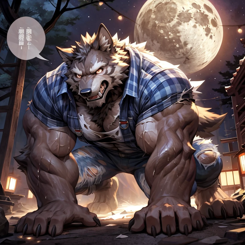 masterpiece,high quality,anime, ultra detailed
, 人Wolf,  breaking the clothes they are wearing , Digital, (Check shirt:1.3), ( torn shirt ,  torn pants:1.2) ,  getting on all fours ,  claws scratching the ground ,  showing off teeth , Wolf, Great physique, strong arms like a man , (((Excessive sweating)))
, Painful eyes ,  distressed expression ,  clenching teeth 

, [[(ultra detailed dick:1.1),  look up with the naked eye ]]

, Moonlit Forest, full moon, Fun, From null-ghost, Pino Daeni , (Warm lights:1.3), (japanese speech bubble:1.2),  torn overalls