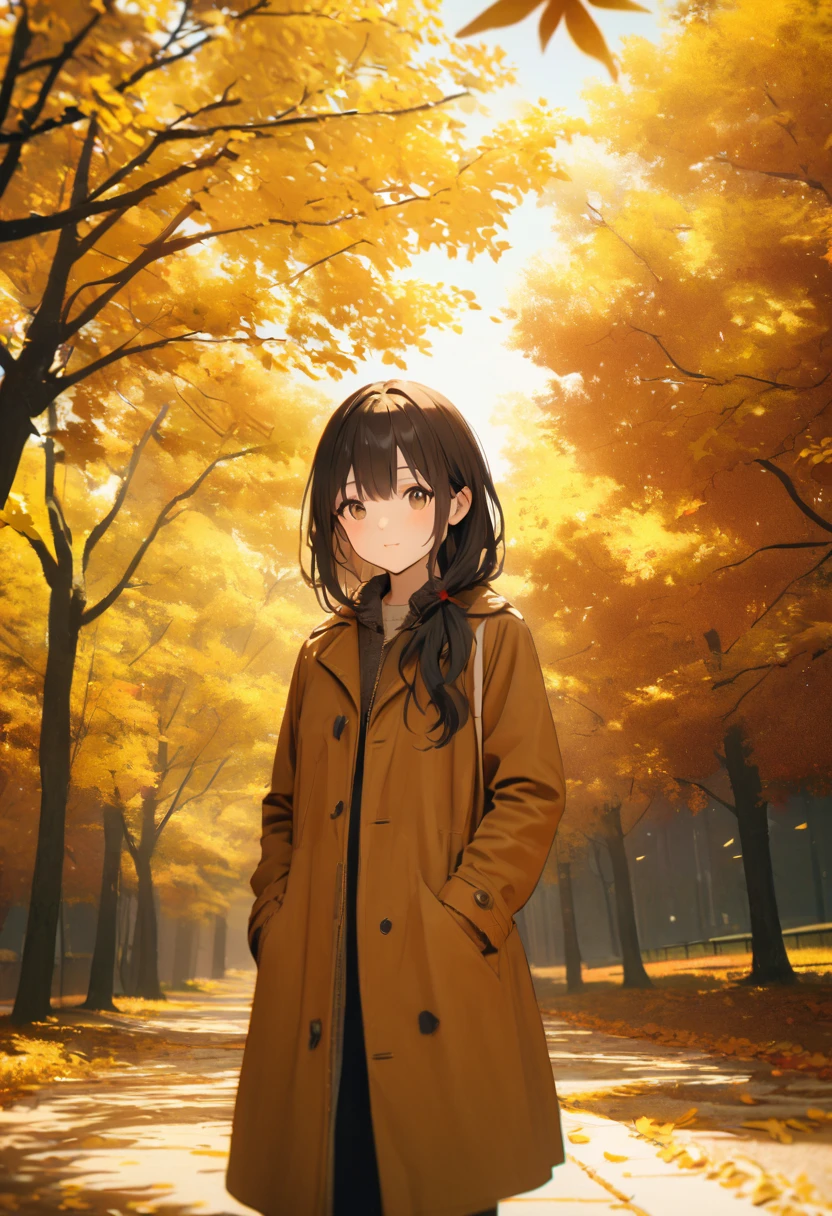 young beautiful woman, autumm leaves in park, professional color grading, perfect, 8K, ultra-detailed, Octane render, Unreal Engine, style of Makoto Shinkai,