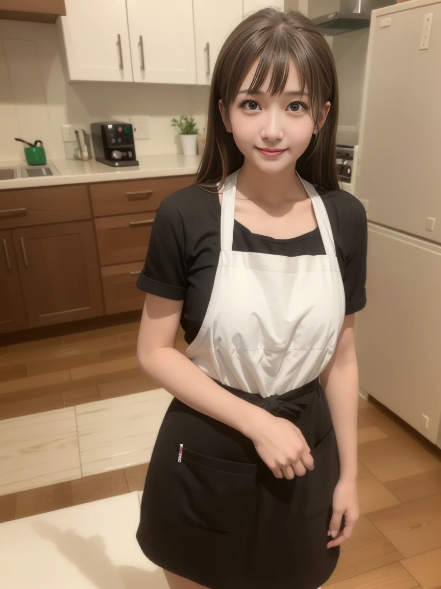 In 8K,highest quality:1.4, ultra high resolution:1.5, (realistic:1.4),masterpiece:1.2,(highest quality:1.4)、 RAW photo、 １japanese girl、 cute、medium breasts:1.5、 (alone:1.8)、kitchen、 (shy smile:1.3), smooth skin、30 years old:1.5、beautiful black eyes、natural skin texture:1.3, Realistic eye and face details:1.8、 (brown medium hair,bangs), (touch hair:1.4)、Nogizaka、cute colorful apron、cafe clerk、supple fingertips、beautiful black eyes、natural skin texture:1.3, Realistic eye and face details:1.7、look at the audience、full body shot:1.8、beautiful feet、gravure、attractive girl、thighs thighs、Are standing、coffee