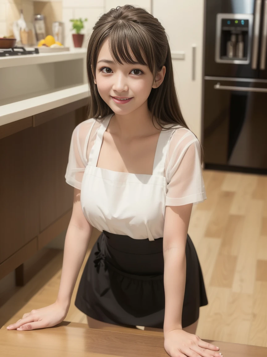 In 8K,highest quality:1.4, ultra high resolution:1.5, (realistic:1.4),masterpiece:1.2,(highest quality:1.4)、 RAW photo、 １japanese girl、 cute、medium breasts:1.5、 (alone:1.8)、kitchen、 (shy smile:1.3), smooth skin、30 years old:1.5、beautiful black eyes、natural skin texture:1.3, Realistic eye and face details:1.8、 (brown medium hair,bangs), (touch hair:1.4)、Nogizaka、cute colorful apron、cafe clerk、supple fingertips、beautiful black eyes、natural skin texture:1.3, Realistic eye and face details:1.7、look at the audience、full body shot:1.8、beautiful feet、gravure、attractive girl、thighs thighs、Are standing、coffee