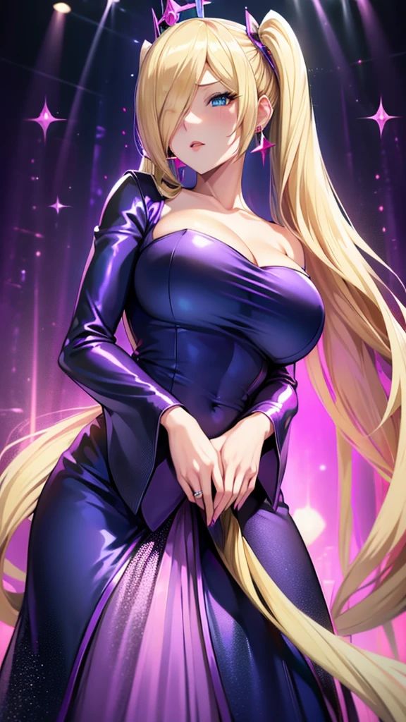  Erotic、Lusamine、Blonde long twin tail voluminous 、 blue archive、Big Breasts、shiny black and purple and light blue sequin dress、Pink love hotel with dim lights、Pink wall、Anxious erotic look 、Open your mouth slightly、Evil female executive、adult、Married Woman、 upper body、 angle from below 、lure