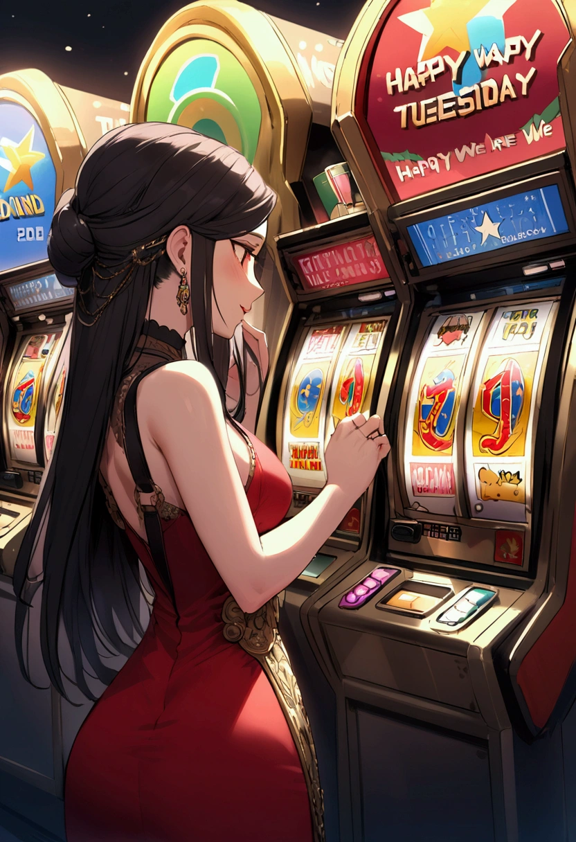 Erotic Anime Illustration、Highest quality、cyber punk、Luxury Casino、Giant roulette wheel、Slot Machines、chandelier、Voluptuous gravure idol、Brown skinned bunny girl、Bunny ears、Perfect proportions、Big Breasts、Thick legs、Beautiful, shining eyes、smile、Cowboy Shot、Noise Reduction