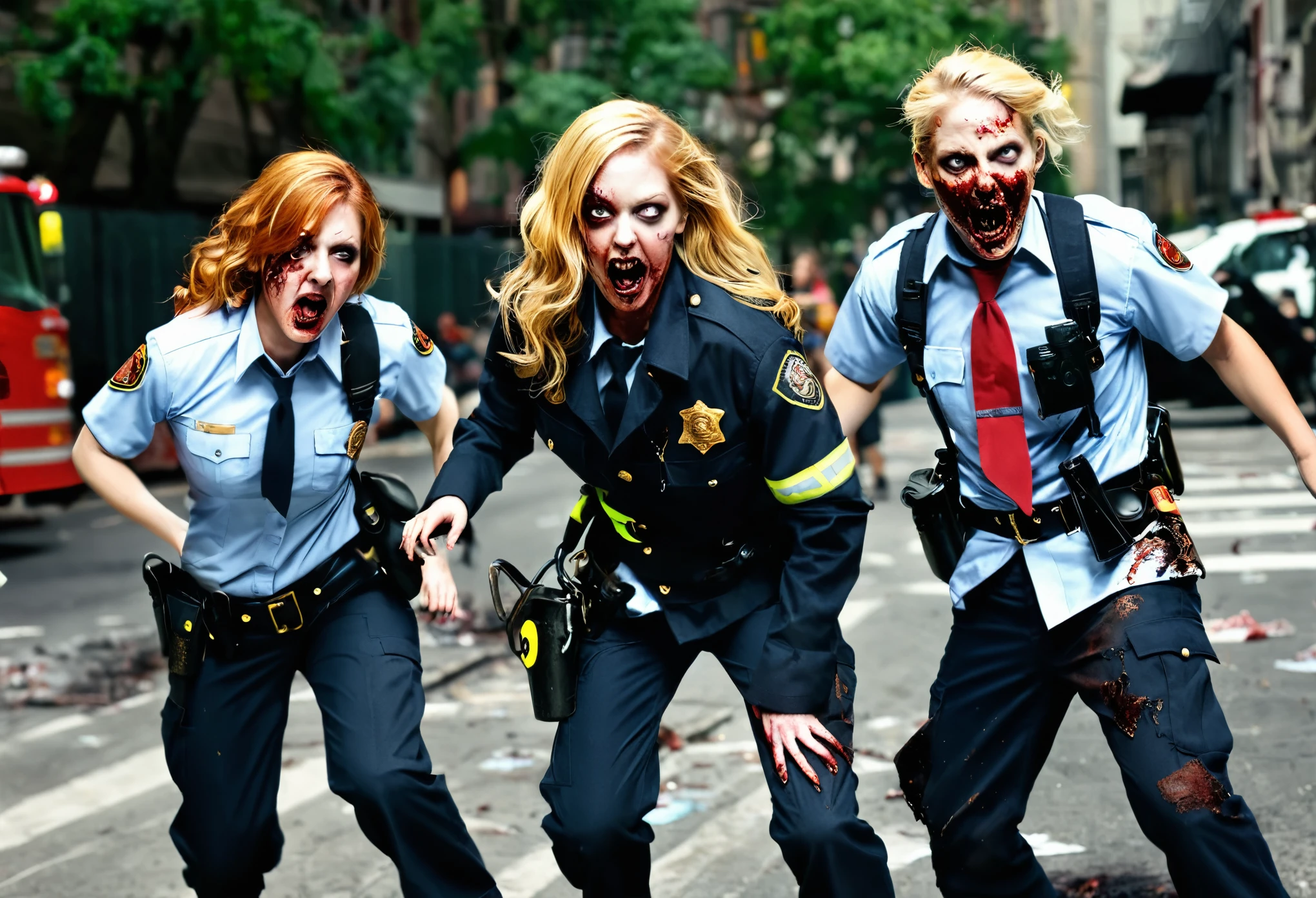 Zombies in the citybusted street, herd, firefighter uniforms, torn, horror, action, screaming, fear, bones, interior, horror, blonde, redhead, hatred, brutality,A little bit of sexiness