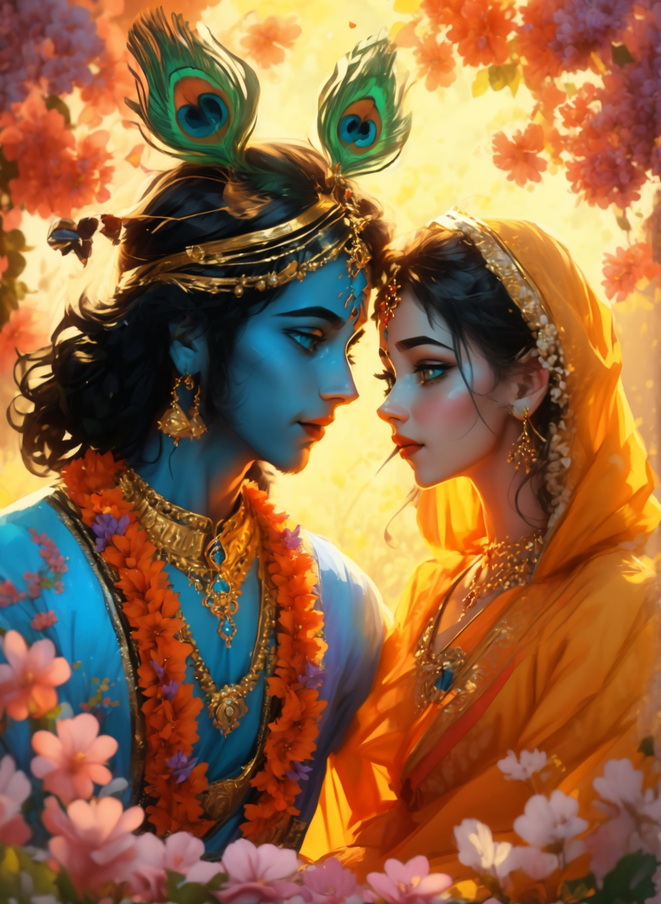 Creat a thumbnail age 25 , A divine and heavenly depiction of Radha and Krishna sitting together, both looking directly at the camera with soft, serene expressions, as if offering blessings. Krishna has blue skin and is adorned with a peacock feather in his crown, wearing vibrant golden robes, while Radha wears a flowing orange saree, adorned with delicate jewelry. They are surrounded by lush flowers and soft pastel colors in the background. The background elements like the flowers and peacocks are distinctly designed for easy separation from the foreground, with soft divine lighting emphasizing their divine aura for a 3D layering effect. Visual Elements: Include musical notes and a flute to emphasize the song theme. Color Scheme: Use rich, warm colors like gold, deep blue, and lush green for a captivating look.
