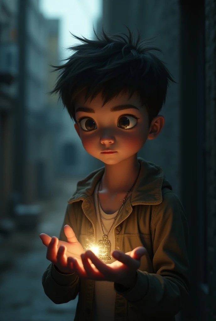 A boy holding a picture of the Kaaba