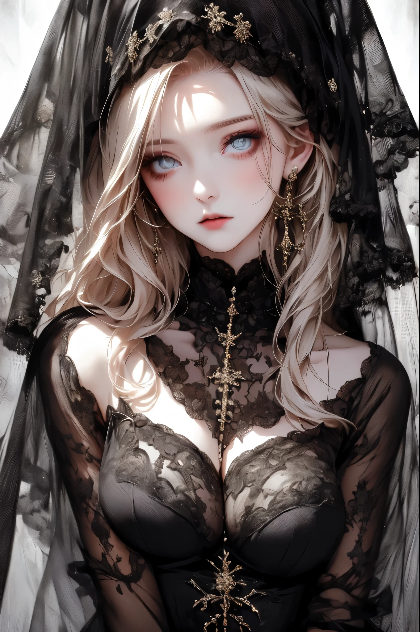 Full body image、Stand、((masterpiece, best quality, Very detailed, High resolution)), alone, beautiful girl, Shining Eyes, Perfect Eyes, , Black White Gold theme, Gothic style,　elegantic gothic dress, Lace Face Veil.
