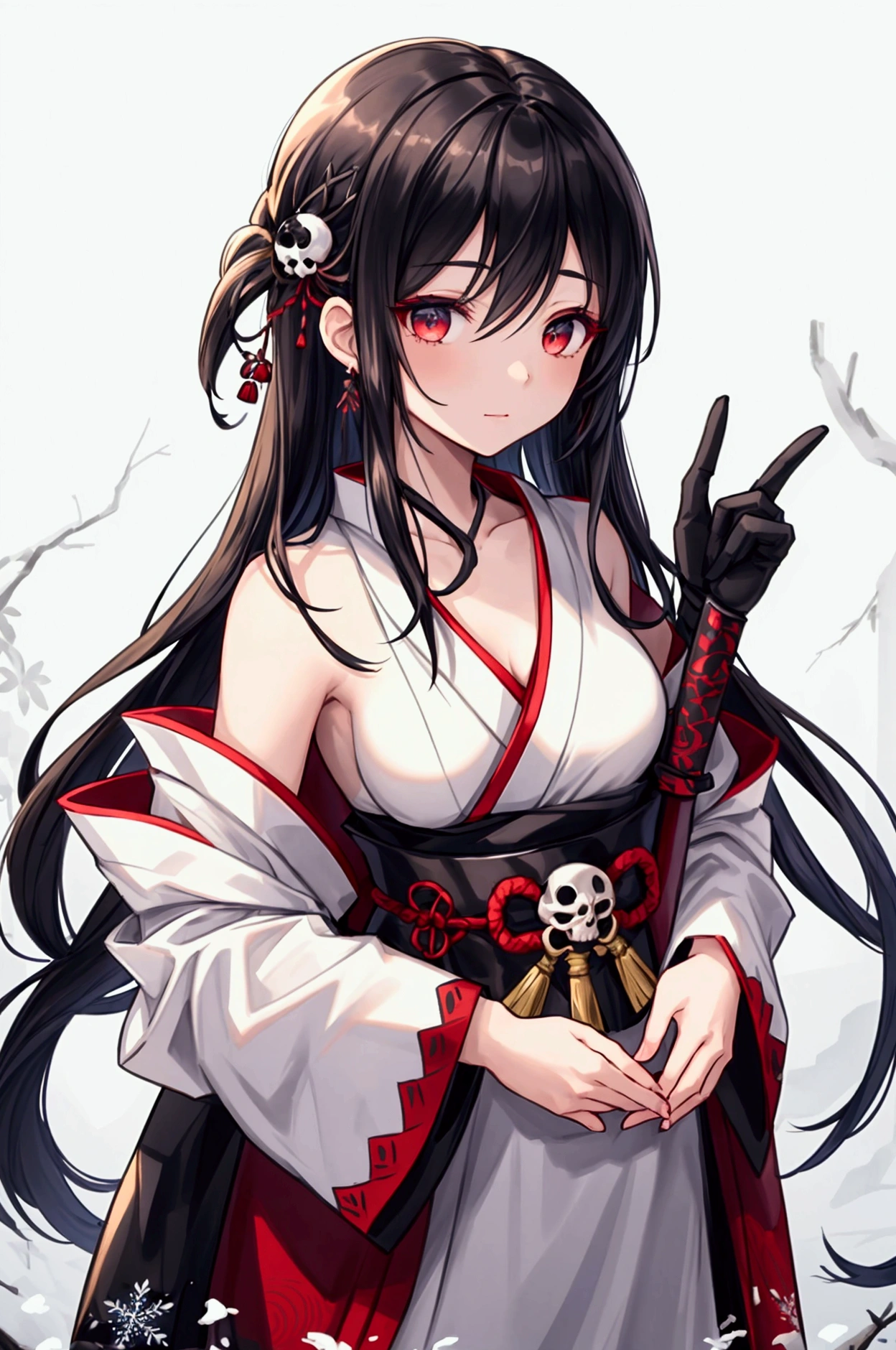 "A warrior-like character with short, spiky white hair, giving off an intense and focused expression. She wears a white, intricately detailed kimono-like outfit adorned with black and red accents. The outfit features traditional Japanese motifs, such as a yin-yang symbol on her sleeve, along with various belts, buckles, and ornamental cords hanging from her waist, giving her a battle-ready appearance. Over her back, she carries multiple katana swords, their sheaths decorated with red and black details. Her attire is accented with small charms and trinkets, including a skull-shaped ornament hanging from one of the cords. The overall aesthetic is a mix of traditional samurai elements with modern, sleek armor-like features. The setting is minimal, with a snowy, ethereal atmosphere, with snowflakes softly falling around her, adding to the sense of quiet intensity.""A slender woman with long, flowing black hair, standing at 160 cm tall, weighing 45 kg, with a petite chest. Her eyes are a soft, pale blue, giving her a mysterious aura. The image is rendered in ultra-high quality, capturing every fine detail with stunning clarity."