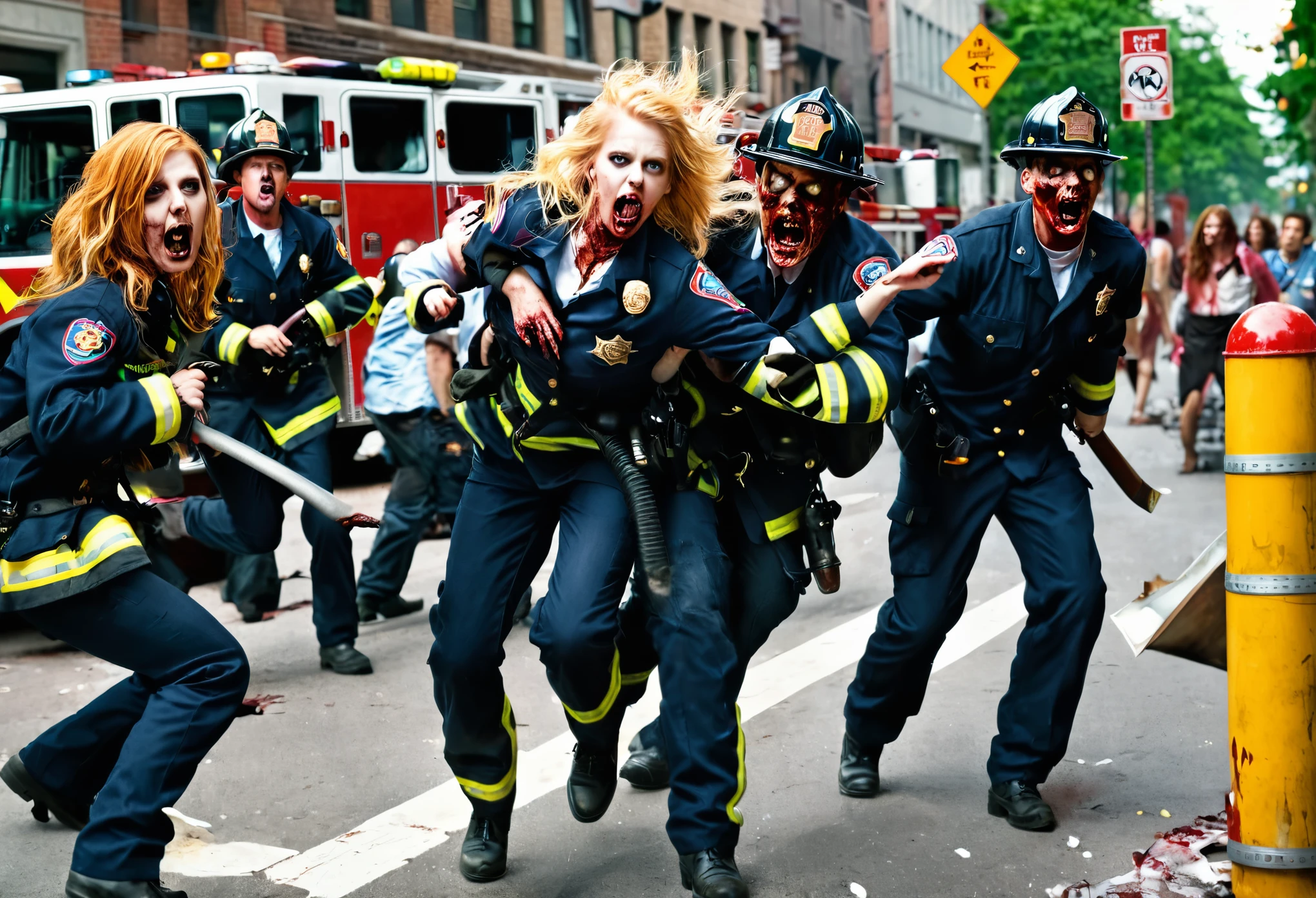 Zombies in the citybusted street, herd, firefighter uniforms, torn, horror, action, screaming, fear, bones, interior, horror, blonde, redhead, hatred, brutality,A little bit of sexiness