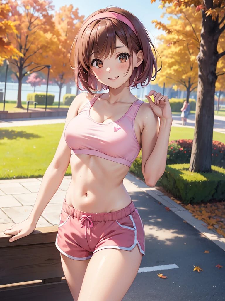  High Resolution ,cute, Brown Eyes ,Brown Hair,20-year-old woman,solo, pink sports bra , pink shorts , pink hair band ,smile,B Cup, short hair,Looking at the camera,Blurred Background,Autumn park,