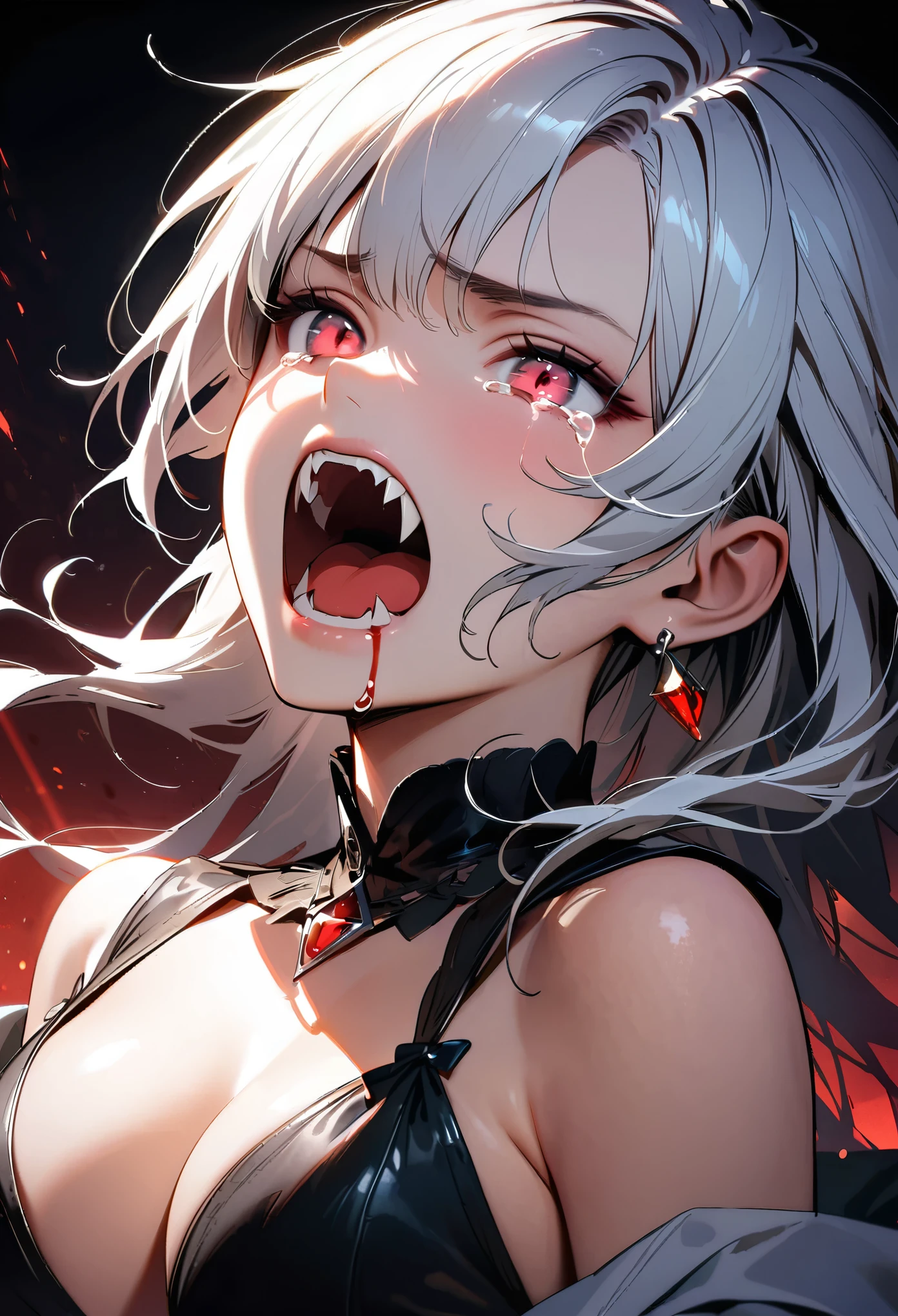 (Masterpiece, highest quality, Best Quality, Beautiful and aesthetic:1.2), portrait of an exotic, beautiful female vampire, (ultra-detailed face:1.3), dynamic white hair, silver eyes, (open mouth showing sharp fangs:1.4), a single red teardrop made of blood running down from her eye, (small cleavage:1.3), wearing two black diamond earrings, ultra-high resolution, high contrast, cinematic lighting, (magical sky background:1.3), crying style, dark and elegant atmosphere, captivating beauty, [16K fantasy art], ultra wide-angle composition, NSFW