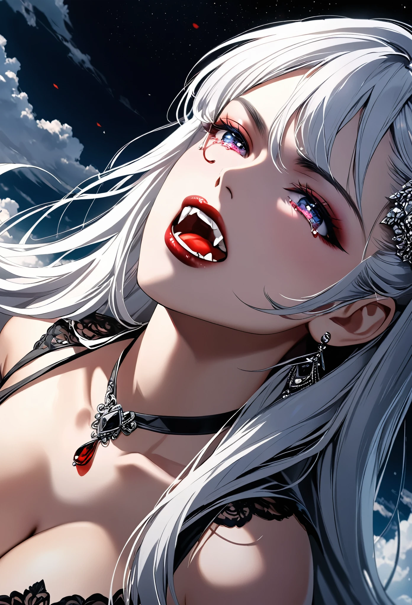 (Masterpiece, highest quality, Best Quality, Beautiful and aesthetic:1.2), portrait of an exotic, beautiful female vampire, (ultra-detailed face:1.3), dynamic white hair, silver eyes, (open mouth showing sharp fangs:1.4), a single red teardrop made of blood running down from her eye, (small cleavage:1.3), wearing two black diamond earrings, ultra-high resolution, high contrast, cinematic lighting, (magical sky background:1.3), crying style, dark and elegant atmosphere, captivating beauty, [16K fantasy art], ultra wide-angle composition, NSFW