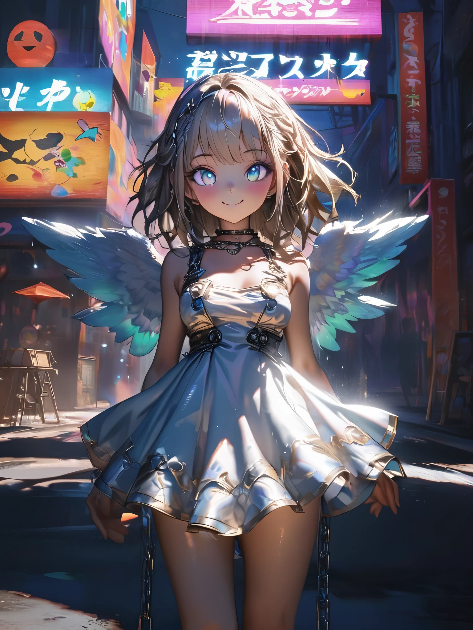 ((((1 one young girl)), ((by Yang J, rossdraws 1. 0)), 🌺.((Teenage girl，girl，Rebellious girl))，((Slim sexy girl))，(cute small breasts)， (Full body picture：1.2).((smile))、((Cleavage fully exposed))、((((a very young child:1.44))),(very short hair),(fullbody,(A who is a loli:1.3),(SF),full body,(1 girl, solo, kawaii, anime:1.25),(loli, little, tiny, masterpiece, angel, angel wings, simple halo:1.23), (aqua hair, long hair, blue eyes, twinkle eyes:1.18), (shiny skin, shiny hair, small breast, blue sky:1.18763), (magical girl costume, bare shoulders, white leotard, micro skirt, frills, flying:1.15763), (blush, smile, multicolored clothes, pastel color:1.1225),(dynamic angle, cinematic lighting, depth of field:1.08), fantasy, happy, solo focus, simple background, (see-through:0.85), BREAK. ((cyberpunk cityscape, skyscraper, neon lights, )),((intricate details:1.1), (complex background))， ((Bright colors))，((dynamic perspective dynamic combination))，((cyberpunk style)).