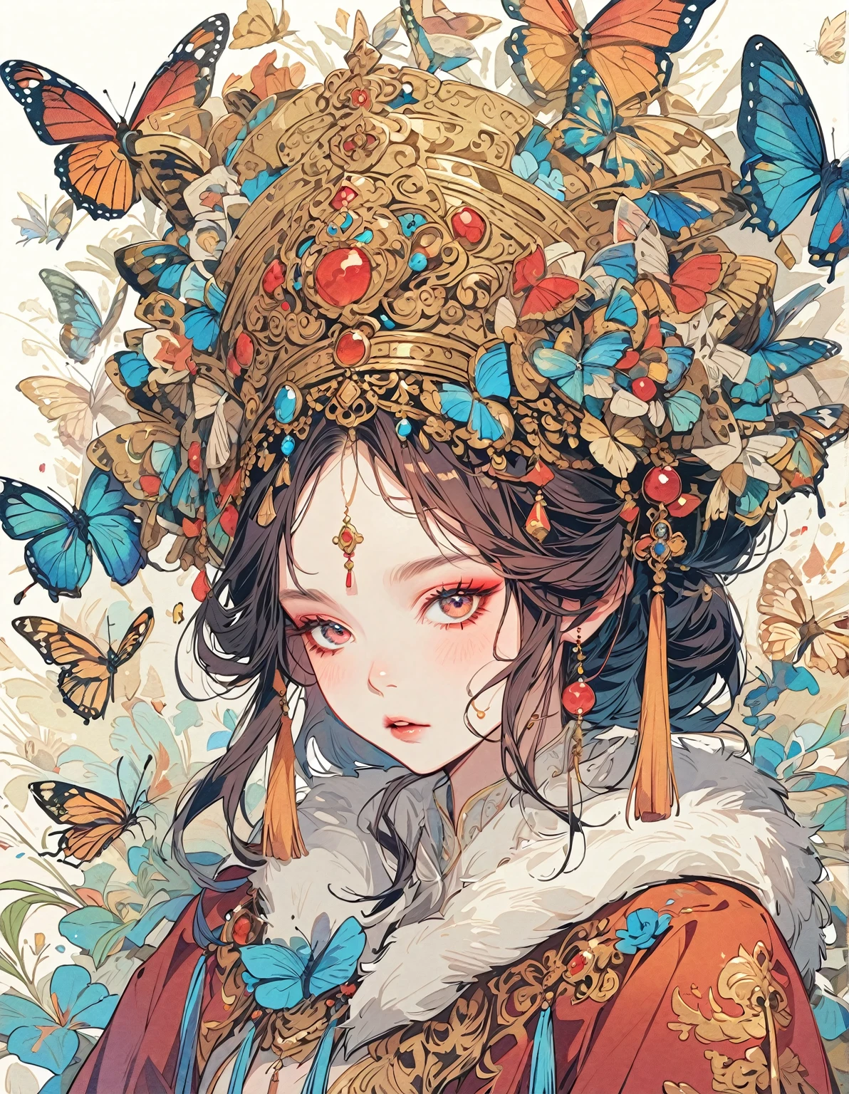  The Chinese queen with a beautiful face and big eyes ,  wears a gorgeous headdress decorated with blue flowers and gold tassels.  She is wearing a dark red Chinese dress ， with a white fur collar around her neck ，The background is light orange . 