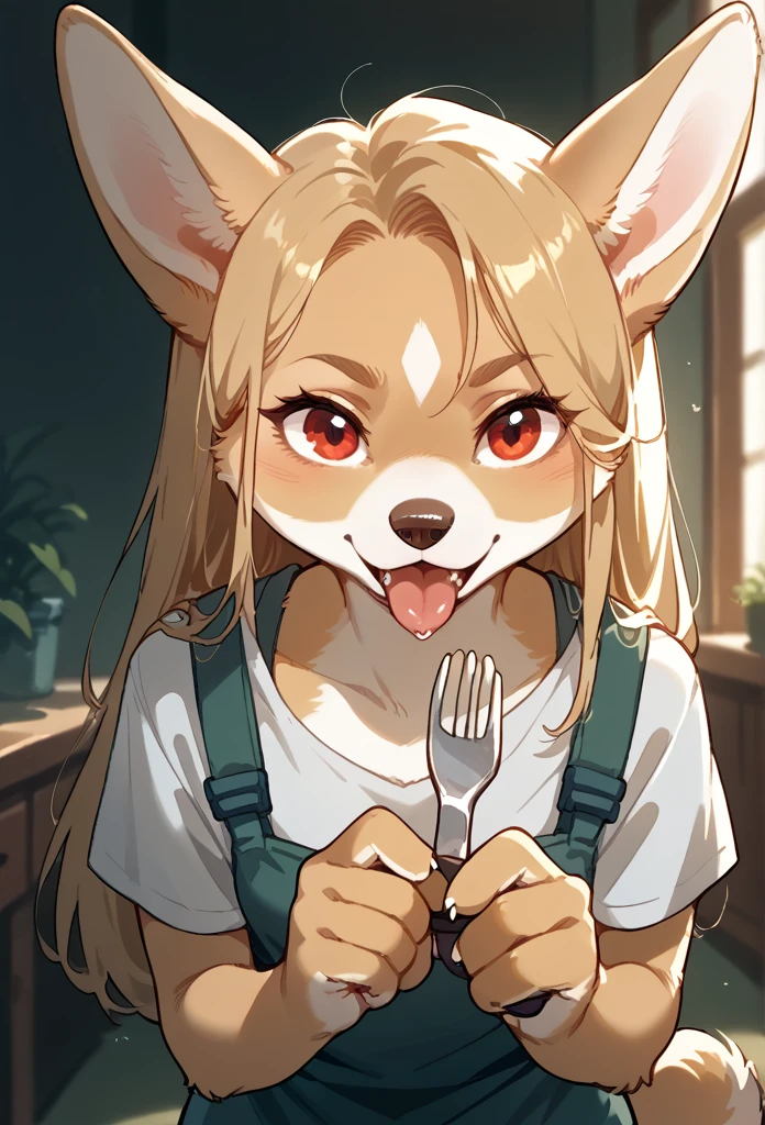 White corgi, furry female, body fur, animal nose, snout, corgi ears, red eyes, blond hair, long hair,  looking at viewer, open mouth, tongue out, pulling left eyelid down, holding a fork 