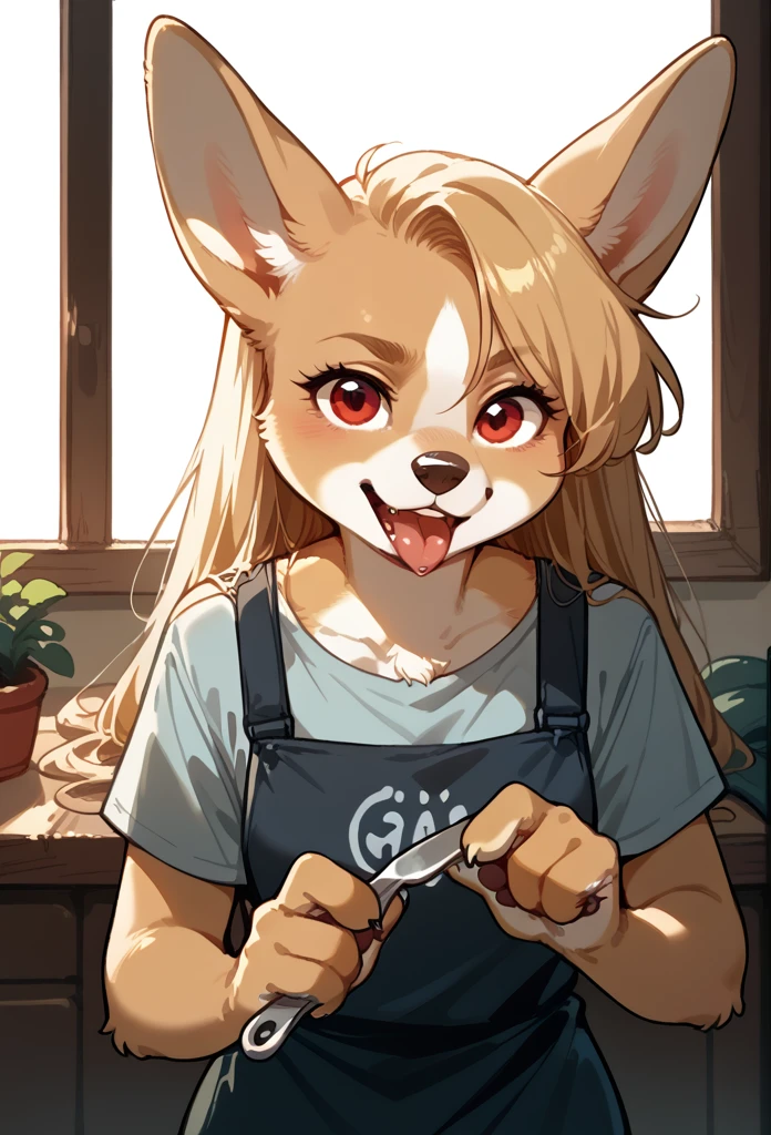 White corgi, furry female, body fur, animal nose, snout, corgi ears, red eyes, blond hair, long hair,  looking at viewer, open mouth, tongue out, pulling left eyelid down, holding a fork 