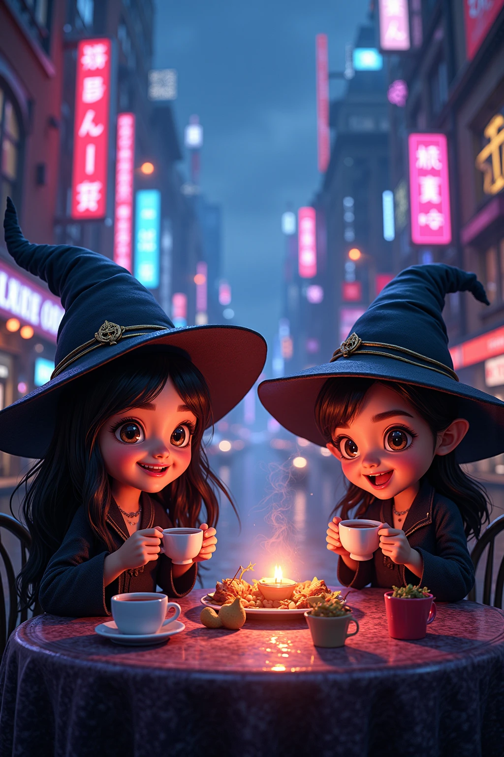 Masterpiece, best quality, wizard tea , magic tea , magic, chibi, handsome witches, highly detailed realistic eyes, happy, vibrant, colourful, ultra detailed skin with pores, wind, horizon, sharp light and shadows, neon lights. sci-fi, cyberpunk, cityscape, panorama, ray tracing, DSLR, UHD, 8k, photorealistic, masterpiece, award-winning