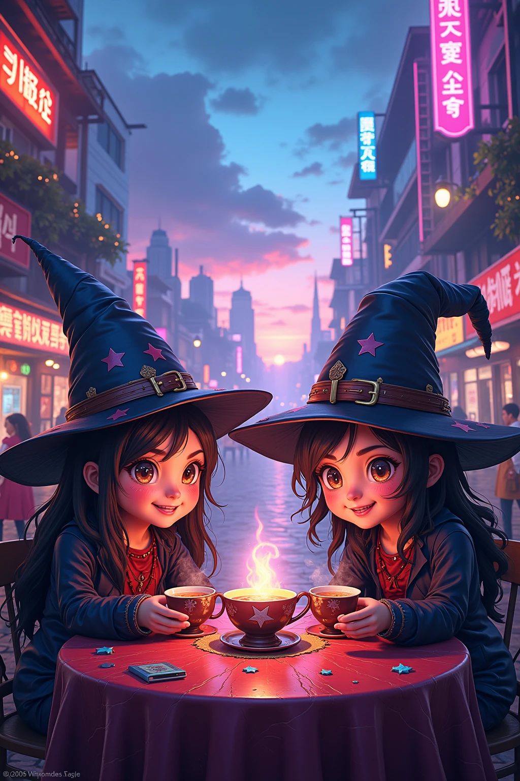 Masterpiece, best quality, wizard tea , magic tea , magic, chibi, handsome witches, highly detailed realistic eyes, happy, vibrant, colourful, ultra detailed skin with pores, wind, horizon, sharp light and shadows, neon lights. sci-fi, cyberpunk, cityscape, panorama, ray tracing, DSLR, UHD, 8k, photorealistic, masterpiece, award-winning