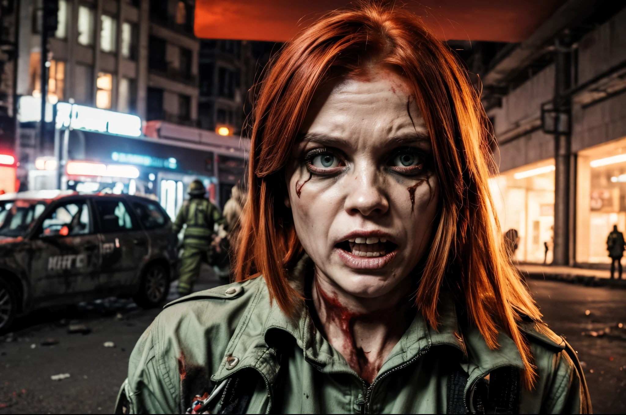 An ultra hot gorgeous European woman, age 23, in action pose,  blond messy hair.Body covered of blood and blood splatter.bloody face, bloody clothes, bloody body. She’s full of fury and anger. Outside, in the snowy streets of a town after a disaster. Flames, heavy smoke. Sparkles, explosions. Dramatic cinematic light. Dark atmosphere. ((Nighttime))