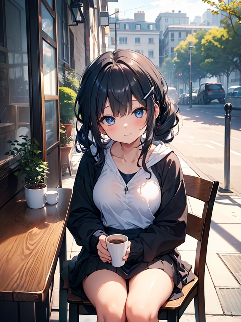 One Girl, Curly Ponytail, smile, blue eyes, View drinks ,Wear a hoodie, (Cafe）, (（morning）), masterpiece, 8k,  perfect lighting, The perfect outfit,  Perfect Anatomy, Sharp resolution, Shallow depth of field,  Soft Shadows , Casual and relaxed atmosphere, Natural light pours in, Hair clip, Beautiful breasts、 black skirt 、Sit on a chair、 coffee cup with both hands、