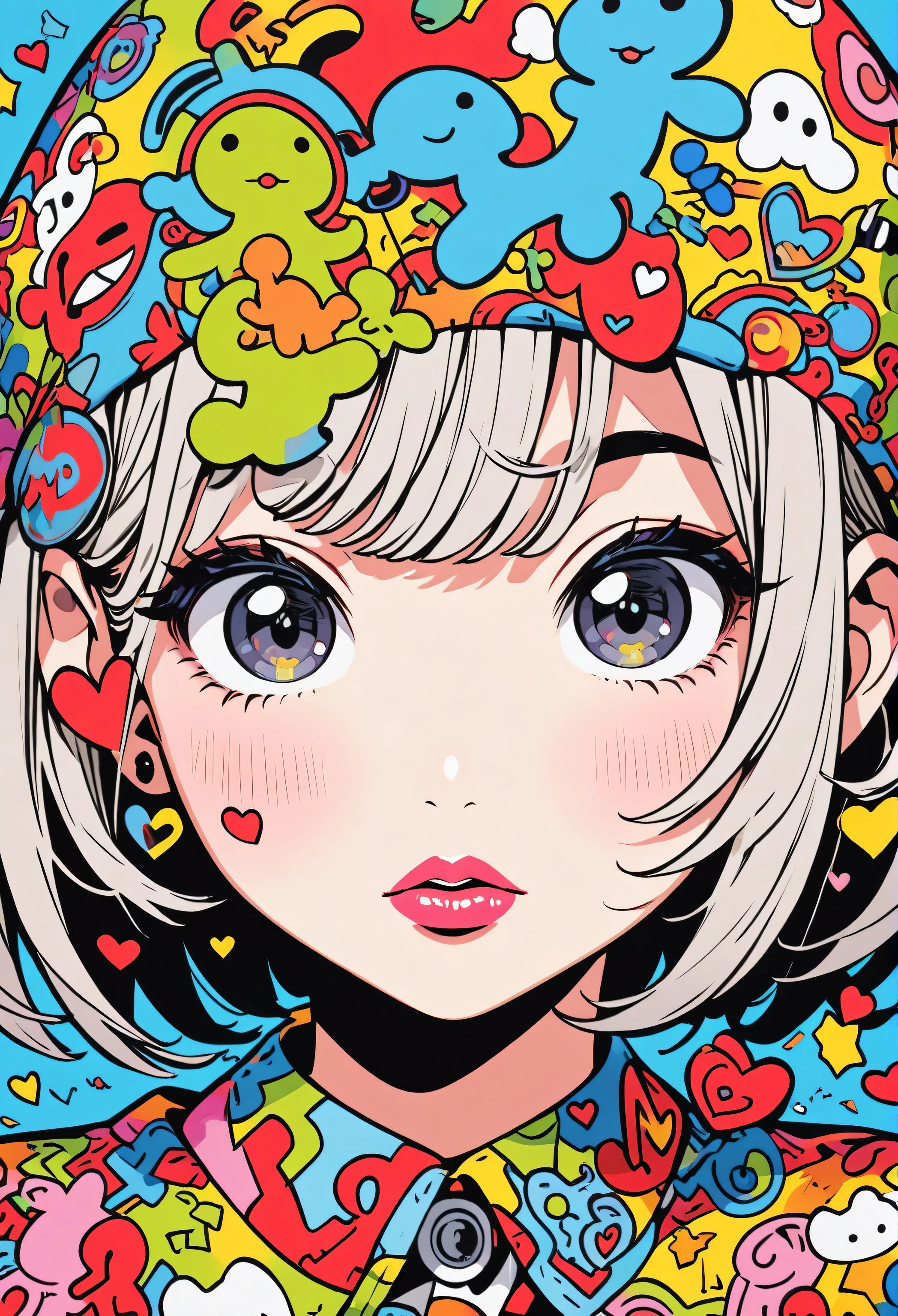 Ultra-realism Keith Haring colorful style, Simple Line Initialism,Abstract art,(((The most beautiful girl of all time))), Sweet face. Lips in love, colorful hearts, stylish design, Summer Skull fashion, Dark Eyes, Graffiti on the wal