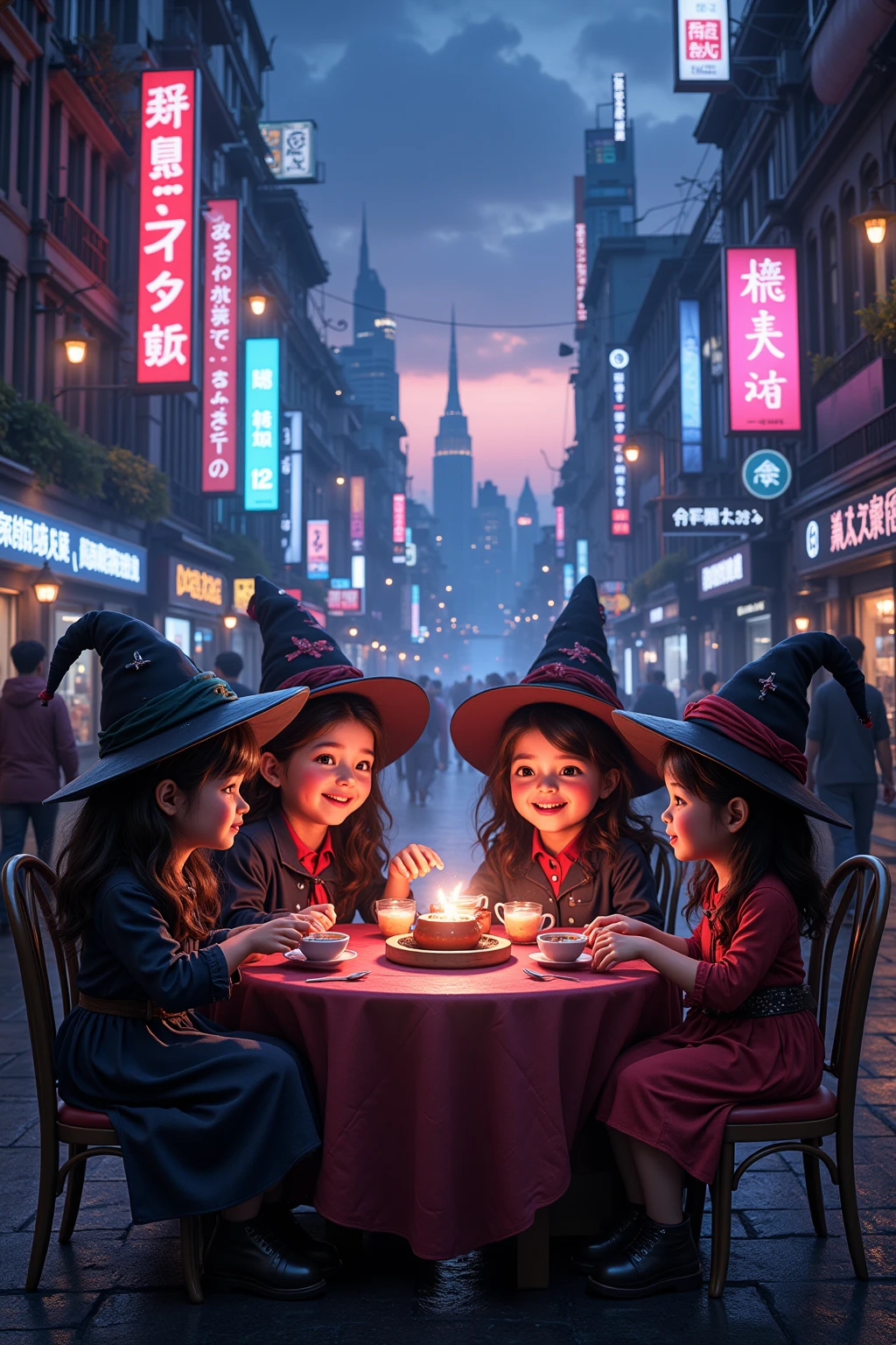 wizard tea , magic tea , magic, chibi, handsome witches, highly detailed realistic eyes, happy, vibrant, colourful, ultra detailed skin with pores, wind, horizon, sharp light and shadows, neon lights. sci-fi, cyberpunk, cityscape, panorama, ray tracing, DSLR, UHD, 8k, photorealistic, masterpiece, award-winning