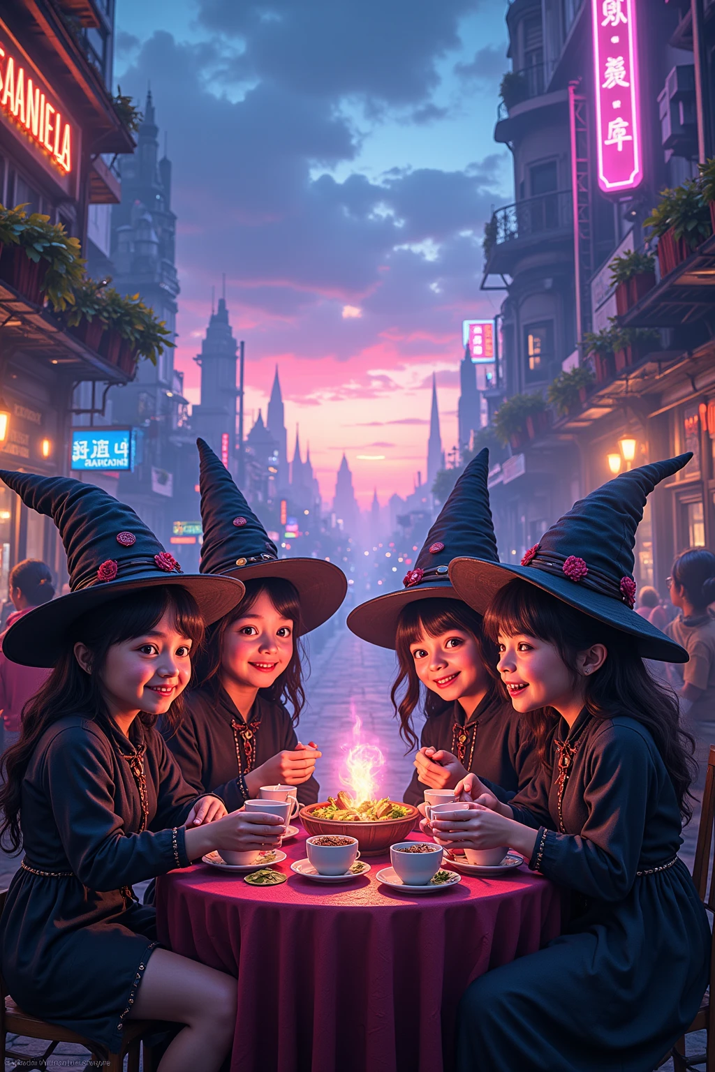 wizard tea , magic tea , magic, chibi, handsome witches, highly detailed realistic eyes, happy, vibrant, colourful, ultra detailed skin with pores, wind, horizon, sharp light and shadows, neon lights. sci-fi, cyberpunk, cityscape, panorama, ray tracing, DSLR, UHD, 8k, photorealistic, masterpiece, award-winning