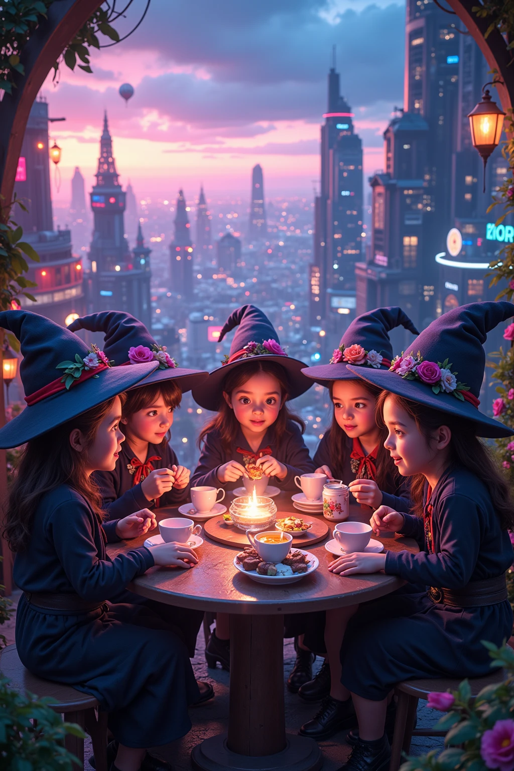 wizard tea , magic tea , magic, chibi, handsome witches, highly detailed realistic eyes, happy, vibrant, colourful, ultra detailed skin with pores, wind, horizon, sharp light and shadows, neon lights. sci-fi, cyberpunk, cityscape, panorama, ray tracing, DSLR, UHD, 8k, photorealistic, masterpiece, award-winning