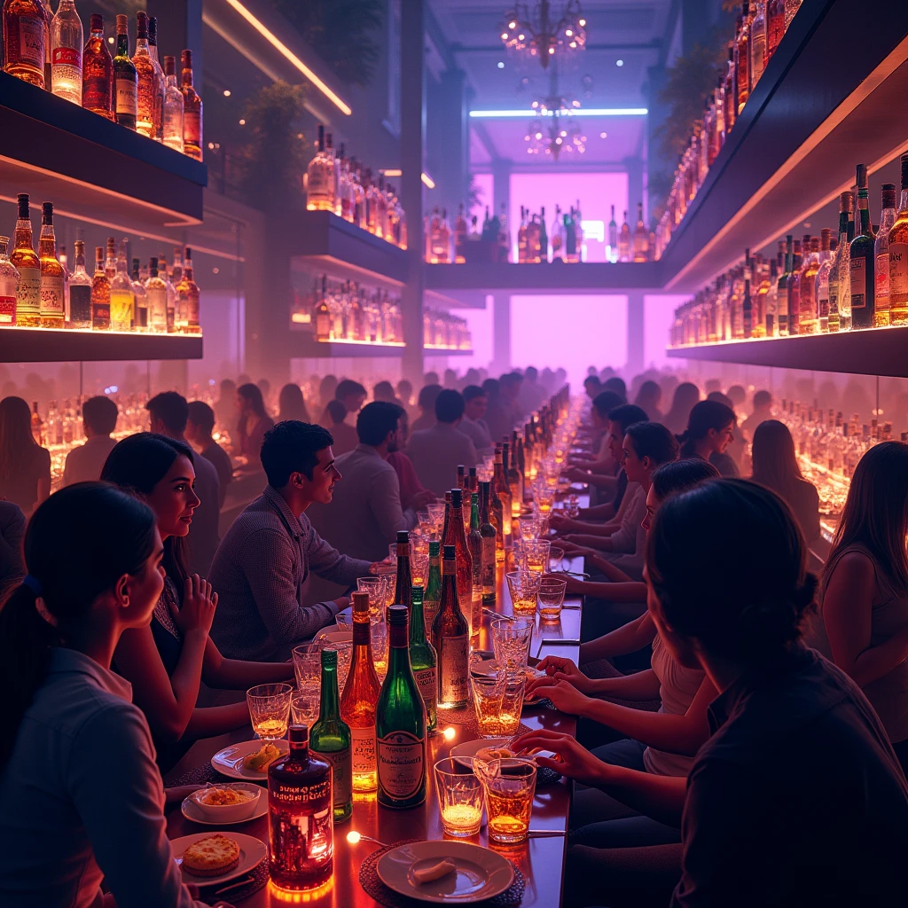 wolves dressed in gangster suits surrounded by naked women dancers with huge breasts, big round buttocks, long legs in a table dance with neon lights, nudist bar, alcoholic beverages