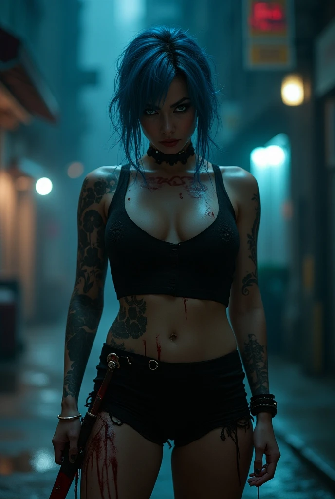 The badass cyberpunk dystopian 3098 apocalypse warrior, dystopian apocalypse ,mature woman, strong body, (red eyes), dark blue hair,((beautiful hard breast)), battle scar's, neon shadows,, ,,(Solo leveling:1.1),,,tattoos,(massive perfect snoopy breast:1.0), massive perfect breast,,(muscular body:0.7), undercut hairstyles,,shot hair, (naked breast), (realistic skin texture:1.2),4k, (cinematic photography:1.0),,(head and breast closeup)