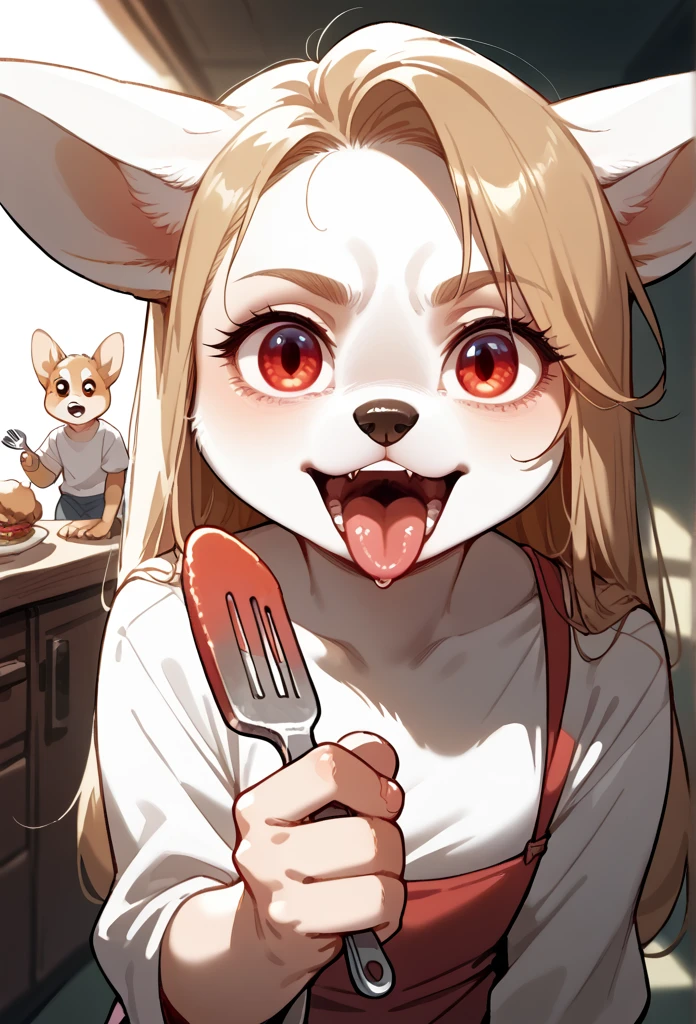 White corgi, white furry female, white body fur, animal nose, snout, corgi ears, red eyes, blond hair, long hair,  looking at viewer, open mouth, tongue out, pulling left eyelid down, holding a fork one handed, creepy