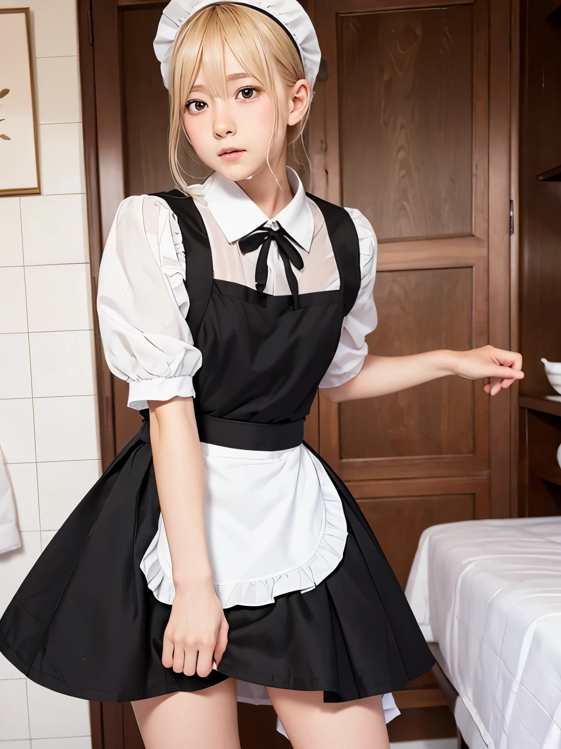 1 girl、maid服、maid、thin thighs、 (best quality: 1.1)、(highly detailed skin), (best quality:1.0), (ultra high resolution:1.0) ,(realistic photo:1.0), (Super detailed:1.0), (8K, Raw photo:1.1),