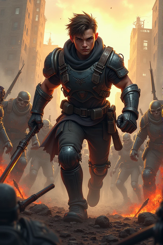 1 male(((Lead the attack )),(Dirty)) , Holding a grave sword in his hands , steps(Battlefied) , Surrounded by the army(many) , Sunset , tension , Dynamic Angle,Dark Fantasy,bloods,