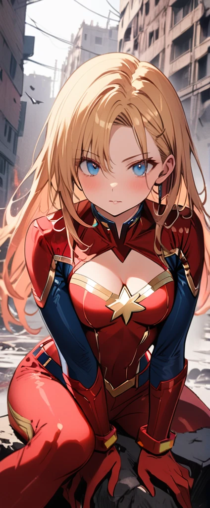 (Highly quality, masterpiece, detailed), destroyed city detailed scenario, destroyed city detailed background, solo, 1 woman, gold hair, long hair, blue eyes, Sexy Captain Marvel Uniform, Sexy Captain Marvel Suit, Cropped top 1.4, sleeves, red gloves, belt, sitting on a rock, beautiful eyes, look at the viewer, Sexy pose, sexy body