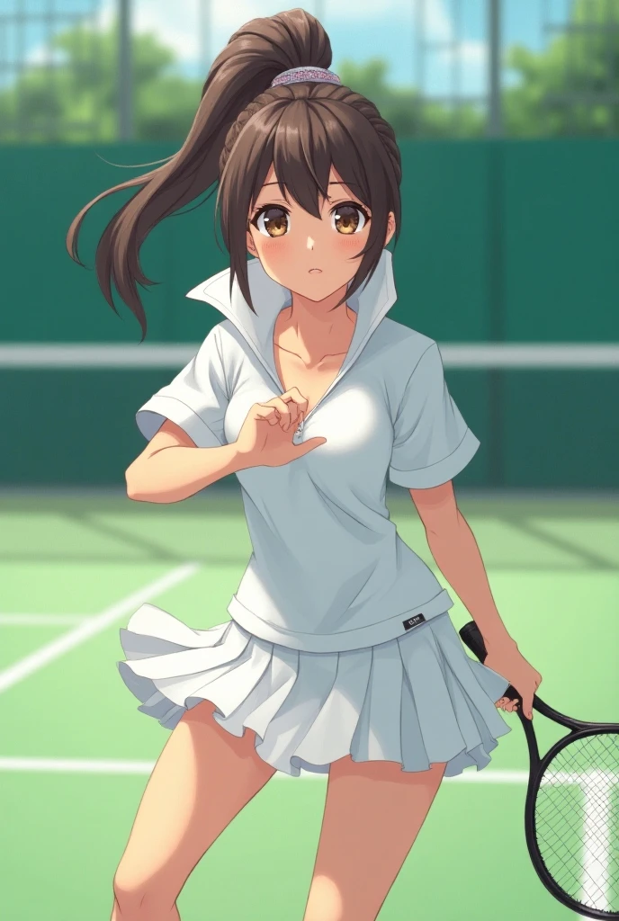 ((Tabletop, Highest quality, High resolution, Hmph, Pixel perfect,  4K, Hmph, Hmph))), 1 Girl, single, alone, Beautiful woman、I could see the whole body、Angle from behind、I can see your butt、Her butt is facing me、 ((Short Wavy Hair, bangs, Brown Hair)), ((Brown eyes, Beautiful eyelashes, Realistic eyes)), ((Detailed face, blush:1.2)), ((Smooth texture:0.75, Realistic texture:0.65, Realistic:1.1, Anime CG Style)), Medium chest, Dynamic Angle, Perfect body,  ((White tennis wear、White short sleeve shirt with collar、Pink ruffle skirt、White tennis shoes、The wind blows up my skirt))、Tennis court、Very embarrassing panic smile、See-through bra、