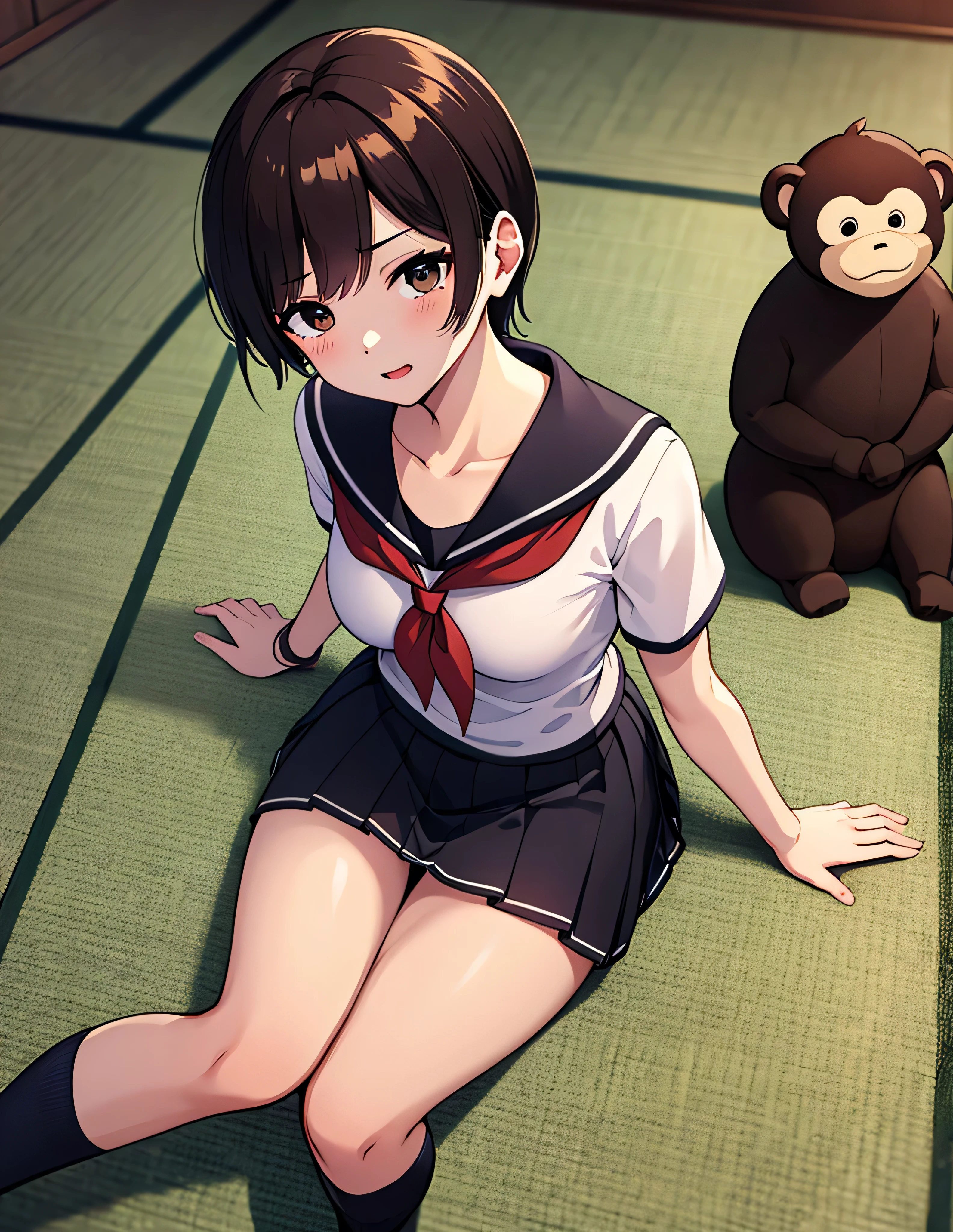 ((masterpiece, Redeem, very detailed, very beautiful 8K scene wallpaper)), , A little thick,Side part semi-short, medium hair ,Irene's bangs, dark brown hair with a hint of red,Black and subtle red,Side part semi-shortヘア,Messy Hair, slightly reddish brown eyes ,Monkey Fist User player、Sailor suitスタイルのユニフォーム、Large bust、Sailor suit、 miniskirt 、Monkey Fist User、Cute expression、Inside the Monkey Fist User Gymnasium、、On the tatami、discovery、One Girl、whole body、rest、Irene、Bust size upper 82, Under bust size 69, small B cアップ、 raised by her grandfather who was a martial artist 、Lost his parents at a young age、Height 159.5cm、 high school girl uniform、High school uniform tie、女子高生の miniskirt 、The Smell of Irene、Irene, who is not only cute but also strong、Irene from the original PS3 version