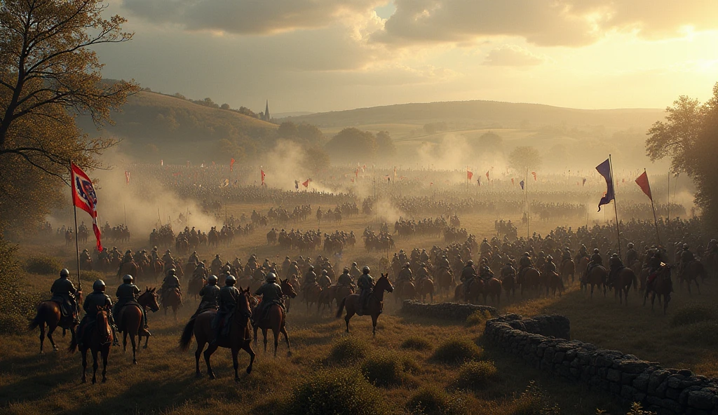 A close-up of a medieval war scene,The fighting was fierce,spectacular,The medieval crusaders fought a lot of terrifying battles(Minotaur team),Overwhelming enemies,On the plain,eventide,Medieval landscape,Fantastical,4K,best qualtiy,primitive,((Ultra-detailed and high-precision details)),Photo texture,真实感,Delicate and smooth,Light,Complicated details,
