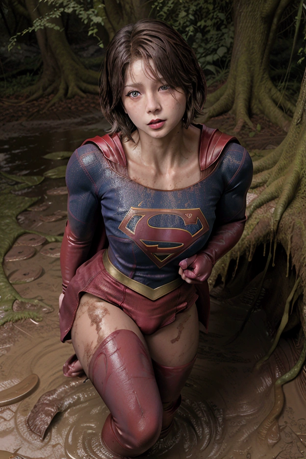 ​masterpiece、Short-haired Supergirl fell into a quagmire、large full breasts、Looking at the camera、Glossy costume、Crotch、Mud stains、Covered in mud、wounded, naked