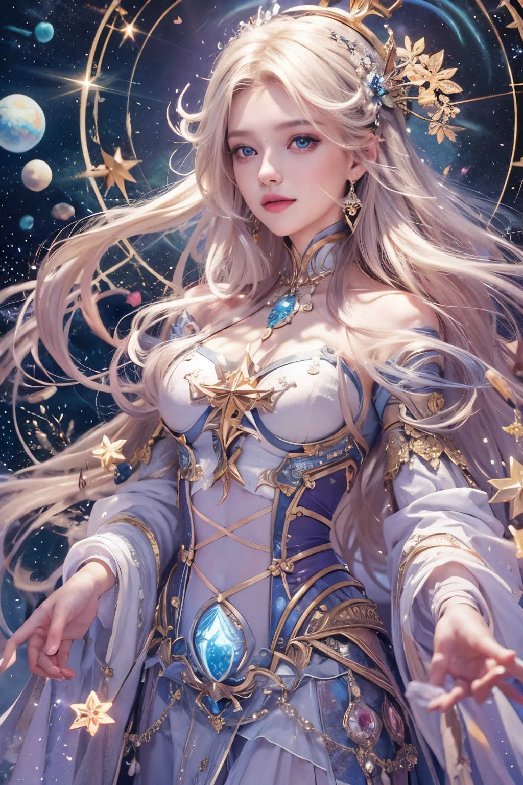 (The highest image quality),(very detailed descriptions),1girll,crown on head,Dressed in an ancient fairy costume,Scepter in hand,(full body Esbian),(Very perfect body structure),(Highly detailed and perfect face depiction),(Highly detailed details of the face),Blue Starry Sky,(Very large moon close-up),Moonlight shines through the clouds,As estrelas(glitters),garments(bling bling), (The image is surrounded by a tarot card style border:1.5),(tmasterpiece),(Great results),(8k wallpaper),(Best Photography),myth,Fantasy Theme,Ultra-realistic realism,realisticlying