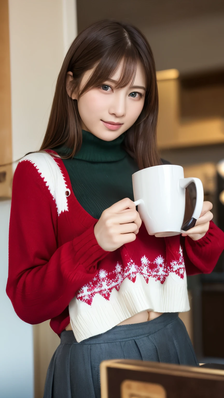 A young Japanese beauty, 20 years old, cat ear accessories, smiling. She looks good in a very short red tight micro miniskirt. Red argyle pattern sweater. Inside a stylish coffee shop. Draw her so that she is facing forward and her knees to head fit exactly on the screen.