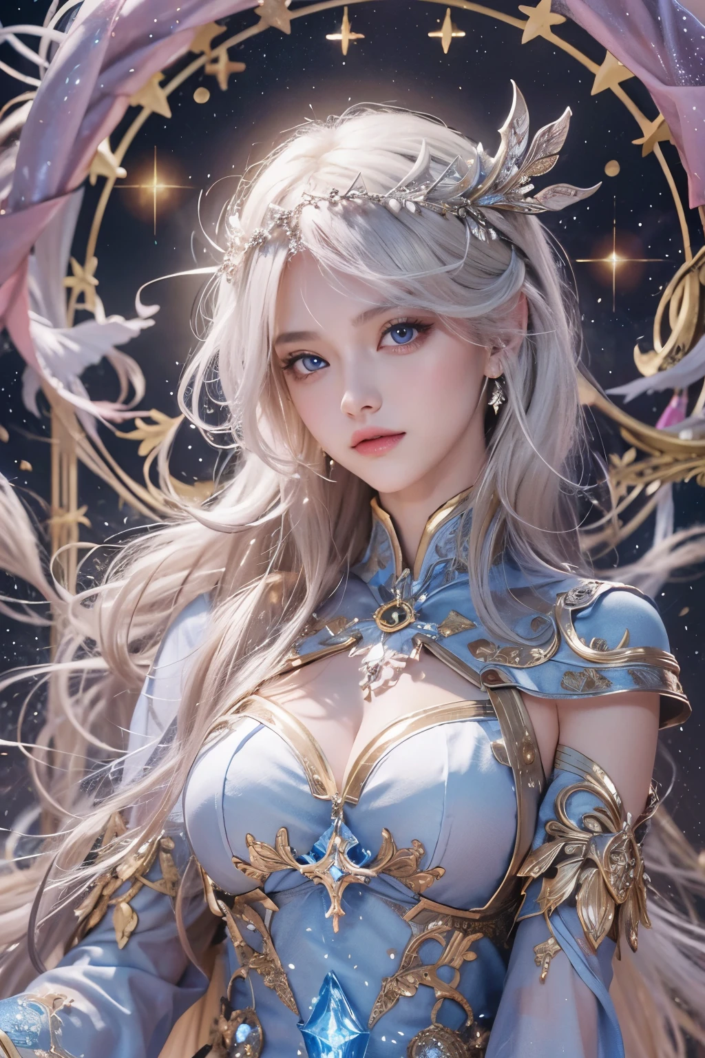 8K resolution, masterpiece, Highest quality, Award-winning works, unrealistic, From above, erotic, sole sexy lady, healthy shaped body, 22 years old, black mage, 165cm tall, huge firm bouncing busts,, white silver long wavy hair, Detailed facial depictions, Mysterious blue eyes, Standard nose, Eyeliner, pink lips, sexy long legs, big breast, Clear skin, holy knight, Gothic ruffle long dress, A dress with a complex structure, Seven-colored colorful dress, Clothed in flames, royal coat of arms, elegant, Very detailed, Delicate depiction of hair, miniature painting, Digital Painting, artstation concept art, Smooth, Sharp focus, shape, Art Jam、Greg Rutkowski、Alphonse Mucha's、William Adolphe Bouguereau、art:Stephanie Law , Royal Jewel, nature, Symmetric, Greg Rutkowski, Charlie Bowwater, Unreal, surreal, Dynamic Lighting, Fantasy art, Complex colors, Colorful magic circle, flash, dynamic sexy poses, A kind smile, Mysterious Background, Aura, A gentle gaze, Small faint lights and flying fireflies, night, lanthanum, From above, looking down on the world below, Starry Sky, milky way, nebula, shooting star