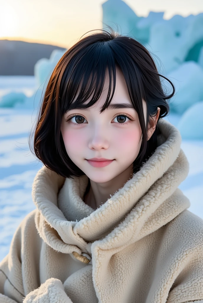 (Best Quality: 1.5), (masterpiece: 1.2), (Realistic: 1), 4K, (RAW Photos: 1.1), 1 person, baby face, 20 years old, Gazing at the audience,  Black Hair , Iceland, snow, ice, cold, Eskimo, Portraiture, winter, gloves, scarf, Close your eyes, smile, cute,  upper body, snow piled up,  wide shot,