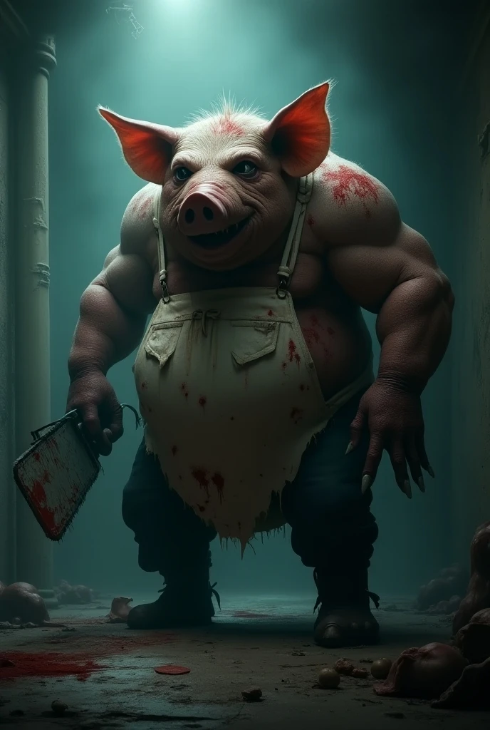 A horrifying humanoid pig creature, grotesquely obese, 
wielding a bloody chainsaw. Its skin is pallid and scarred, 
its eyes filled with a terrifying madness. 
The creature is naked, showing an enormous penis and testicles bleeding, except for bandages wrapped around its 
wrists and ankles. 
The setting is a dark and grimy corridor.