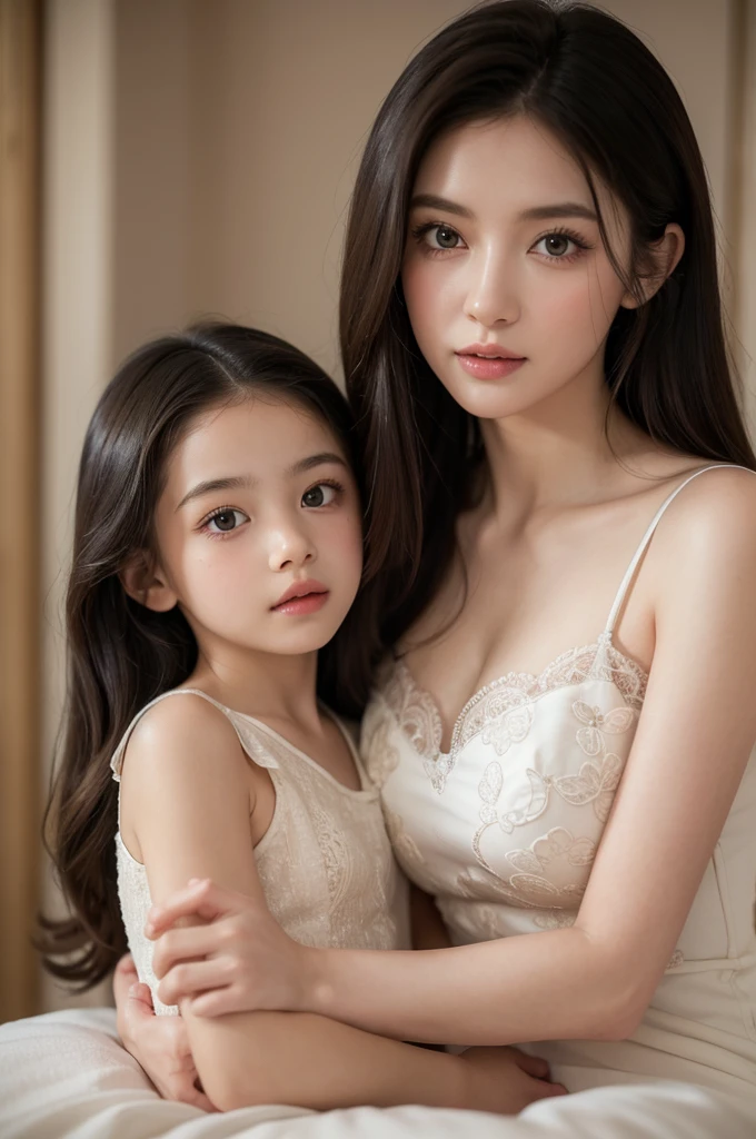 Best Quality, Masterpiece, Ultra High Resolution, (Photorealistic: 1.4), Original Photo, 2girls, 25 Years Old Women and 8ars Old Girl, Lady and Liirl, Mother and Daughter, White, Film Lighting, Fashion Model, Cute, Pink,