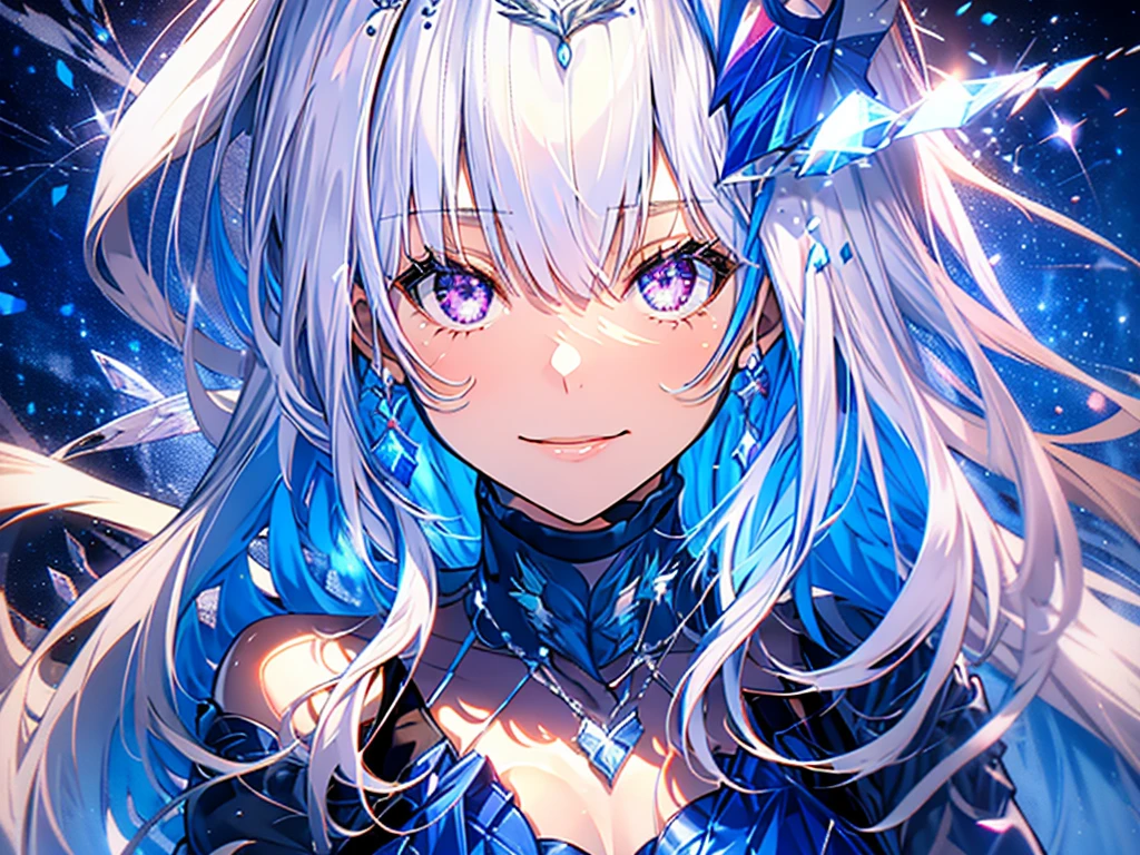  best quality, High image quality ,Masterpiece, adult woman,8 heads,Beautiful Skin, white skin, ,Happy smile,lh1, Hair accessories, Long Hair, royal icing, Tiara, plump thighs,Blue tights,(huge breast) ,Ice Feather,Ice World, crystal ,fantastic sparkling background,Mount Fuji