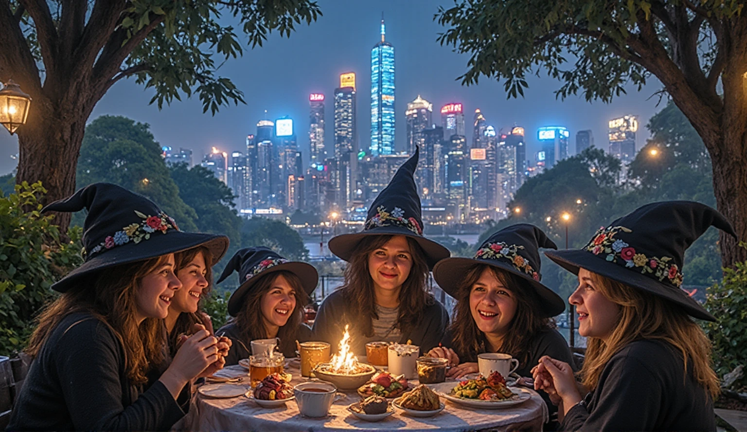 wizard tea, magic tea , magic, chibi, handsome witches, highly detailed realistic eyes, happy, vibrant, colourful, ultra detailed skin with pores, park, wind, horizon, sharp light and shadows, neon lights. sci-fi, cyberpunk, cityscape, panorama, ray tracing, DSLR, UHD, 8k, photorealistic, masterpiece, award-winning