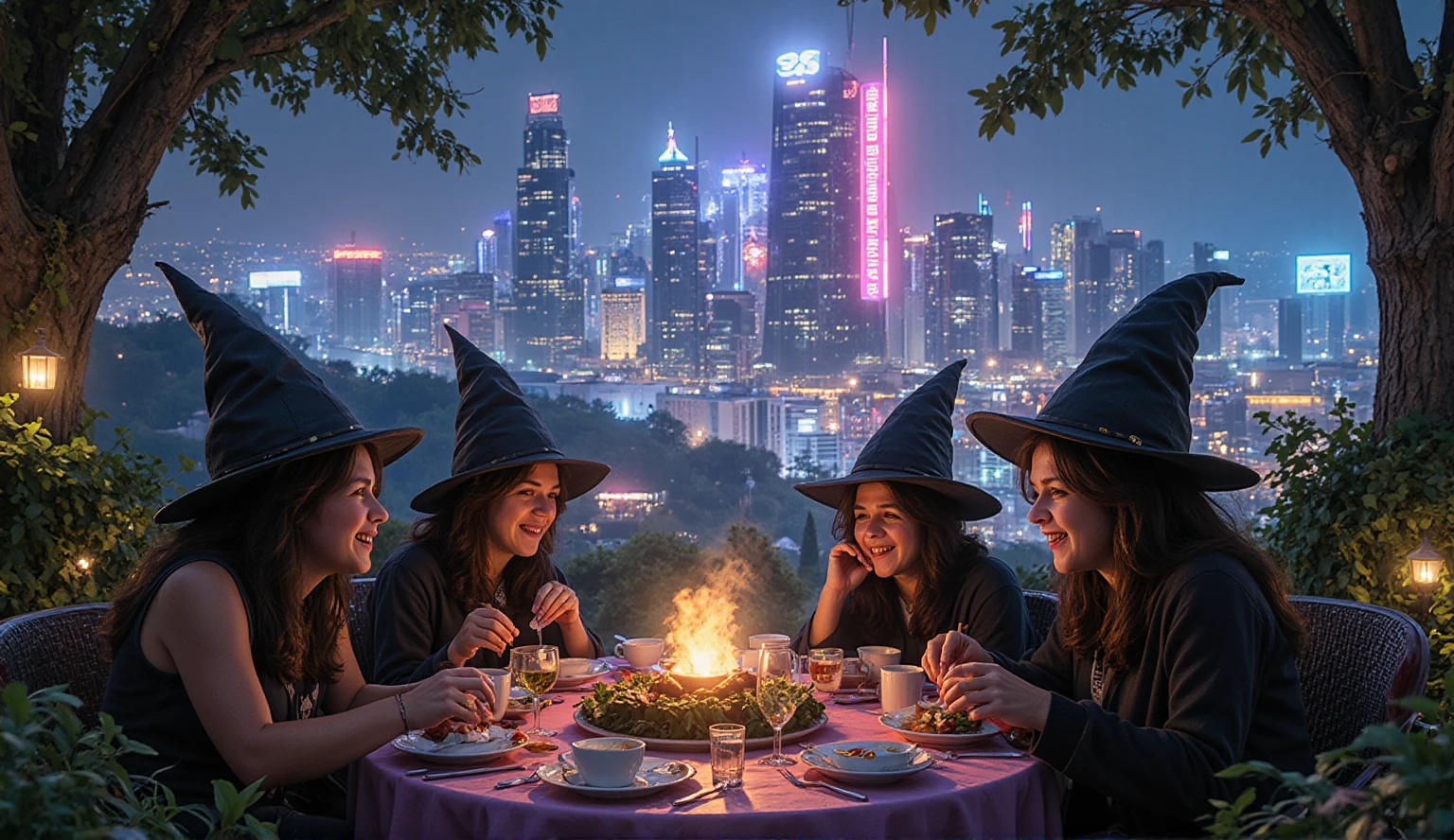 wizard tea, magic tea , magic, chibi, handsome witches, highly detailed realistic eyes, happy, vibrant, colourful, ultra detailed skin with pores, park, wind, horizon, sharp light and shadows, neon lights. sci-fi, cyberpunk, cityscape, panorama, ray tracing, DSLR, UHD, 8k, photorealistic, masterpiece, award-winning