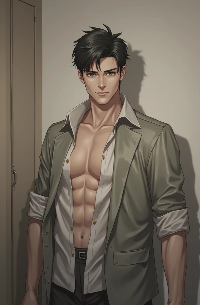 1 male, Handsome boy, Body length 180 cm, (black short hair, Korean hairstyle), ((red eyes)), (beautiful and sharp eyes), ((muscles)), ((shirtless)), ((Half body free.)), Semi-naked, Wearing pants without a shirt,  In the upper half of the body, (Bedroom wallpaper), ((sexy body)), (sexy face), handsome man, 8k, Quilty Altitude, Realistic, Beautiful realism, outstanding detail, RAW photo, realistic eyes, Black hair, realistic hair, realistic eyes, red eyes, realistic body, and cool lighting, realistic photo, Cel shaded, Gel lighting, ultra-detail, white skin, hgih quality, 4k, masterpiece, desert, cowboy shot, handsome male, strong jaw, medium brown hair, messy greasy hair, stubble, 5oclock shadow, duster, cowboy, gunslinger, trenchcoat, white shirt, gun, holding gun to side, holster, duster pushed back showing gun in holster, dark and brooding lighting