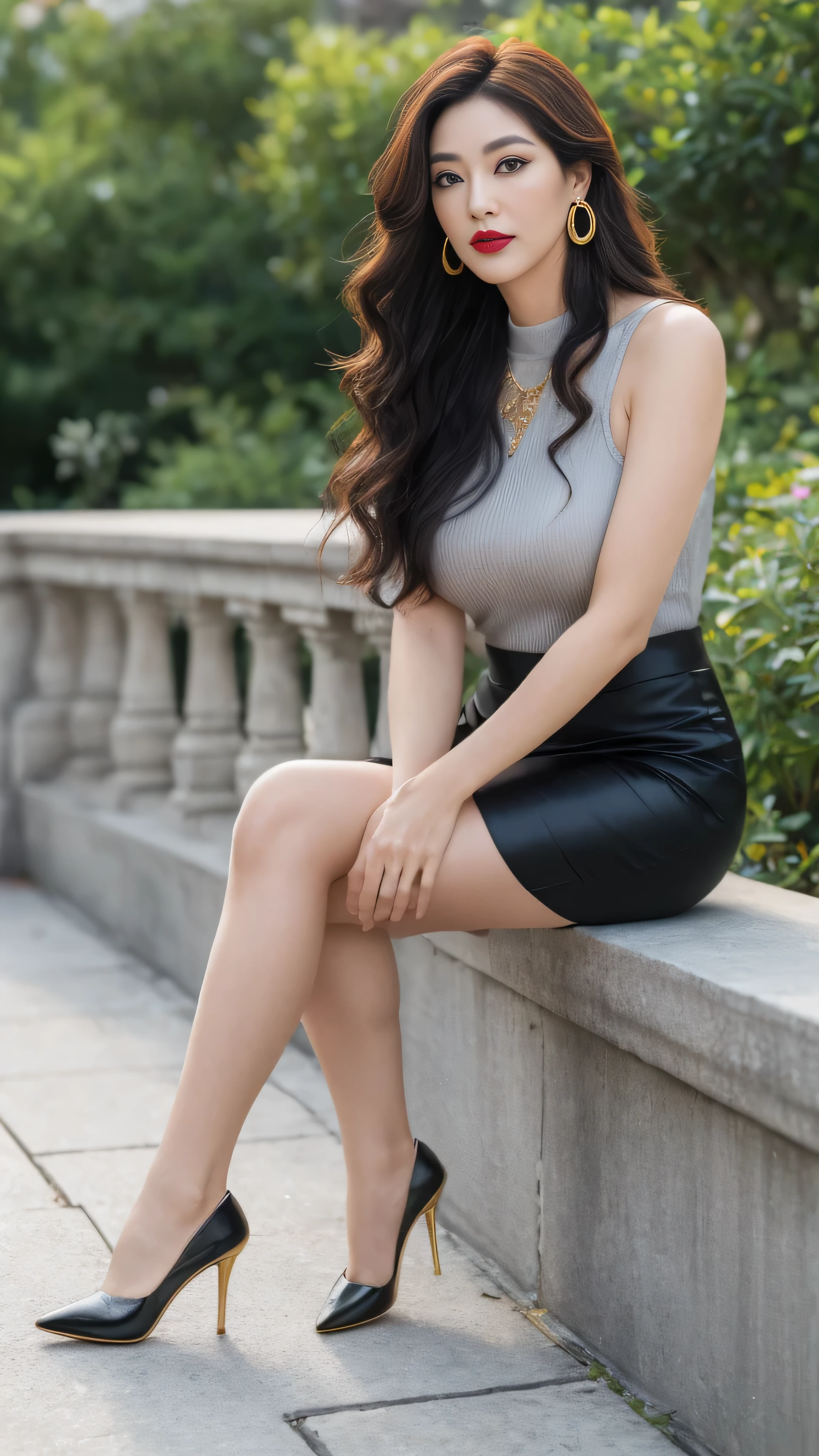 Sitting on the steps， whole body sideways ，Crouching sideways ，Looking at the camera， stretch one leg forward to the side ，standing Outdoors，Full body photo，High target heel， An Asian Japanese woman，High target neck golden dress，65 years old，Big eyes， Elegant temperament ， best quality), Actual, (Real pictures,65 years old， There are complex details, 景深内容Very detailed ,  This is a perfect face,  perfect figure, Large Model,  mature women, High target, Leg length, ，High target heel，standing Outdoorss，bokeh， splashing water spray ,Dark Eyeshadow，涂Lipstick， She has heavy makeup on her face ，Very  detailed ,Middle-aged women,cosmetic, (Lipstick: 1.1), (Eyeliner: 1.2), mascara, Eyeshadow, curly, Earrings and Nipple Rings, necklace, black greasy pantyhose, Wrinkles at the corners of mouth, long legged pantyhose ，Greasy reflective pantyhose， big breasts ，black，High target heel，Long distance Full body photo，Outdoor，High targetly  detailed  8k wallpaper), 8k, best quality, masterpiece,  Ultra High Resolution ,(Realistic:1.4), Original photo,  clearly focused ,  detailed , dramatic, Exquisite beautiful woman, (tall and straight:1.1), (No), (Drooping Giant:1.1), ( Chubby Goddess Metallic High Split High Neck Dress Mini Skirt:1.0),(High collatted skirt),( transparent gold mini skirt  ), Half butterfly earrings, Double ring necklace, (:1.05), (65 years old, : 1.4), cosmetic, (Lipstick: 1.1), (Eyeliner: 1.2), mascara, Eyeshadow, Long curly hair, Dynamic Angle, (Red lips)Beautiful graphics, 大Leg length，black Greasy reflective pantyhose，current employer，Spectacular views, Show off your whole body in the big city ,