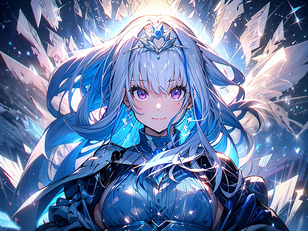  best quality, High image quality ,Masterpiece, adult woman,8 heads,Beautiful Skin, white skin, ,Happy smile,lh1, Hair accessories, Long Hair, royal icing, Tiara, plump thighs,Blue tights,(huge breast) ,Ice Feather,Ice World, crystal ,fantastic sparkling background,Mount Fuji