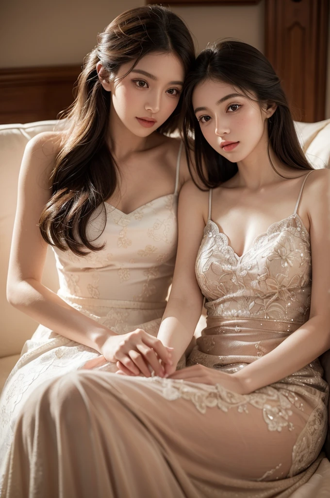 A Stunning Asian Artwork, a Masterpiece of Elegance, (Gemma Chan: Constance Wu:0.5), donning a delicate nightgown with a thin lace, deep slit chest, revealing just the right amount of enchantment. Her Pretty face, adorned with a magic import style, beautifully showcases the Tyndall Effect, creating a photo-realistic masterpiece. Bathed in the soft light of a dark studio, border lights and two-tone light accentuate her features, casting deep shadows that highlight her best qualities. Captured in Super 8K UHD, this striking image, awarded for its dynamic lighting and detail, is reminiscent of the
